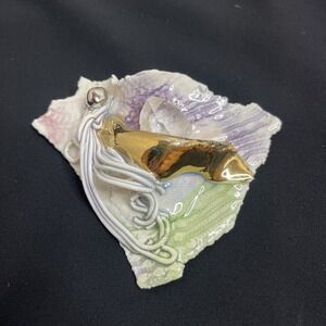 Vntg Amy Lacombe Brooch Handmade Clay Ceramic 24k‎ Gold & Silver Accent W/Quartz